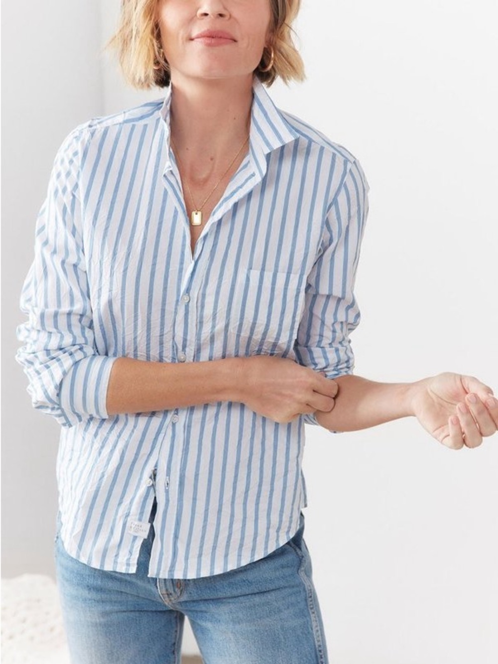 Frank & Eileen Barry Blue White Stripe Crinkle Italian Cotton Shirt S